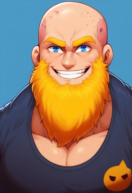 score_9, score_8_up, score_7_up, score_6_up, score_5_up, score_4_up, rating_questionable <lora:gomtang_style_1:1, <lora:add-detail-xl:1.5>, Very Long Epic Beard, Yellow Facial Hair, Half Body, Closeup, Bust portrait, In The School/School Background, School Gym, School Scenery, 1boy, Strong Triangular Jawline, bodybuilding, massive pectoral, beefy muscle, Rugged Features, Mature Male, 40-Year Old, Short Bright Blonde Messy Hair, Hair Bangs, Goliath, Thick Yellow eyebrows, PE Teacher Shirt Outfit, {(Yellow Facial Hair)}, {{Completely Bald}}, {{Highlights}, Looking At Viewer, Blue Eyes, Brawl Stars Style, Saying Hi, Smile, Highlights, {No Mustache}, <lora:Cruz'sBeardedMan:0.7>