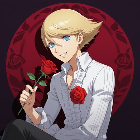 P4Teddie, 1boy, 2d, Human, 1boy, male, solo, blonde hair, blue eyes, white blouse shirt, black pants, black shoes, red rose on shirt, 

BREAK upper body focus, holding rose, offering rose to viewer, grin, looking at viewer, abstract heart background