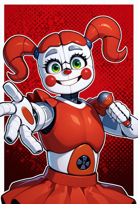 <lora:circbb-10:1> circbb, twintails, robot, 1girl, red cheeks, , joints, skirt, red nose, green eyes, smile, red background, holding microphone, looking at viewer, , reaching out, teeth, clenched smile,, masterpiece, best quality, amazing quality, very aesthetic, absurdres, newest,, upper body, halftone effect, white borders, abstract background:1.2,