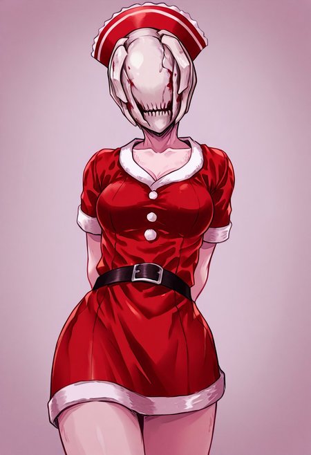 score_9, score_8_up, score_7_up, score_6_up, score_5_up, score_4_up, source_anime, solo, 1girl, 
bubble_head_nurse_\(silent_hill\), blhdnrse, santa costume, christmas, santa costume, 
masterpiece, best quality, very aesthetic, absurdres,