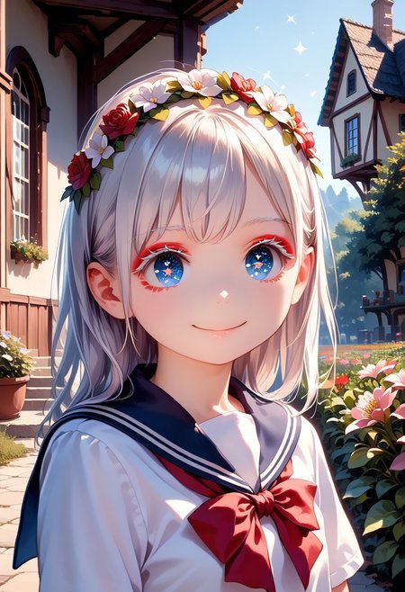 score_9, score_8_up, score_7_up, 1girl, MdaStarouP, masterpiece, best quality, ultra high res, smiling, happy, (detailed eyes:1.2), 8K, Best Quality, Masterpiece, Ultra High Resolution, (Realism: 1.4), Original Photo, (Realistic Skin Texture: 1.3), (Film Grain: 1.3), Sapphire Color Eyes and Beautiful Face Details, Highest Quality Picture Quality, white hair, blue eyes, (red eyeliner), (white eyeshadow), (white eyelashes) ,set in a fantasy world with sparkling stars, fantasy flower crown on her head, school uniform,messy, indoors, clutter, very aesthetic, scenery, outside, house, garden