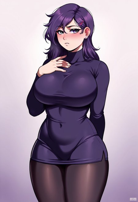 score_9,score_8_up,score_7_up,score_6_up, <lora:Lunas-JLullaby-SDXL-A3:1>,  4k, 8k, masterpiece, jlullaby, 1 girl, solo, detailed eyes, detailed face, detailed hair, beautiful eyes, big breasts:1.6, thighs, curvy, thick thighs:1.5, ddlcyuri, hair ornament, hairclip, long hair, purple eyes, dark purple hair, white knee-high socks with a grey stripe. Her long, deep violet hair is still straight but now with a few strands hanging over her face. messy hair, standing, hand up, hand on chest, She wears a dark purple dress with intricate lace details, and black tights (heavy blush, looking away)