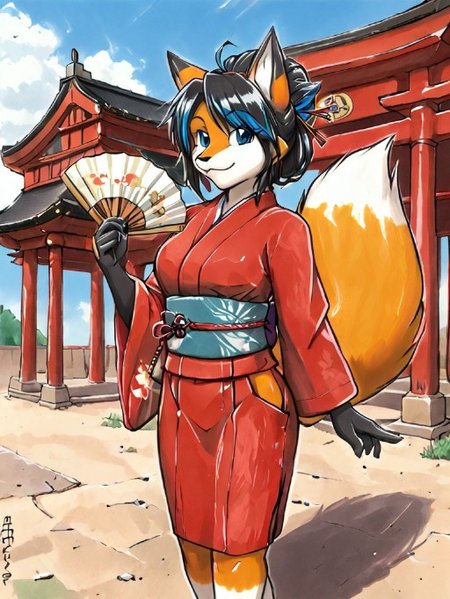 early-meesh, fox, female, japanese clothing, temple, hand fan, smile, blue eyes
