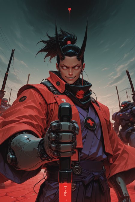 embedding:lazypos, namech, 1girl, solo, ponytail,glowing red eyes, slit pupils, evil smile expression, black and red checker patterned scarf, purple kimono, haori, hakama pants, katana, samurai fantasy battlefield, stormy sky, dynamic composition, foreshortening, dynamic composition,dynamic pose,(dutch angle:1.2), detailed backgroud,foreshortening,blurry edges, mech, cyborg, horn, mecha armor, muscular, upper body, weapon,  grey eyes, coat, red coat, holding weapon, science fiction, cyberpunk <lora:NanoKage_v1.0_-_Illustrious:1> <lora:TrendCraft_The_Peoples_Style_Detailer-v1.0A-3_13_2025-illustrious:0.2>