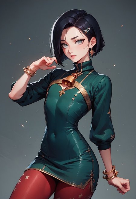 score_9, score_8_up, score_7_up, 1boy, femboy, otoko no ko, short hair, bob cut hair, black hair, grey eyes, gray eyes, feminine face, toned body, Shelly, 
bodycon dress, sweater dress, green dress, sleeves, neckline, red pantyhose, embroidered pantyhose, earrings, bracelets,  christmas hair ornament, 
highly detailed, intricate, zzCitronCAT, model pose, modelshoot