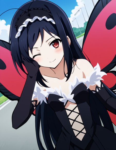 score_9, score_8_up, score_7_up, source_anime, <lora:accelworld-kuroyukihime-s1-ponyxl-lora-nochekaiser:1>, kuroyukihime, long hair, black hair, red eyes, antenna hair,, gloves, dress, bare shoulders, hairband, wings, elbow gloves, butterfly wings, black dress, center opening, collarbone, long skirt, frills, headdress, black headdress,, parking lot, cars, asphalt, spaces, open, smile, <lora:guided-hand-on-cheek-ponyxl-lora-nochekaiser:1>, guided hand on cheek, hand grab, hand on another's cheek, hand on another's face, looking at viewer, pov, pov hands, smile, blush, one eye closed, caress, caressing cheek, looking at viewer, solo,, dutch angle, cowboy shot