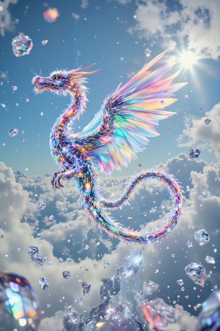 A dragon made entirely of transparent crystal soars through a sky of floating mirrors. Its body is perfectly clear but catches sunlight in complex patterns that create rainbow projections. Each scale is individually visible, cut like a perfect gem that refracts light in different directions. The mirrors around it reflect infinite versions of the scene, while crystal shards float in geometric patterns in its wake. Small prisms orbit around its form like a protective constellation.dramatic lighting , detailed background  Fantastic lighting. Detailed shadows.intricate details, vivid colors, hyper-detailed, ultra-sharp, High resolution, high detail. Highly detailed. <lora:OBæç«å¾äººåæå½±Instant camera portrait photography V2.0:1.0>, <lora:Dark side of light:0.55>, <lora:aidmaFLUXPro1.1-FLUX-v0.3:1.0>, <lora:Glitchcore_Flux:0.8>,