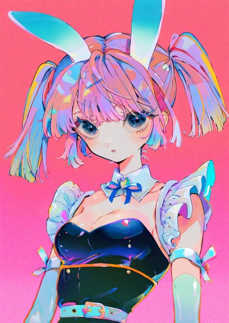 by sannso  by yogisya,
1girl, bunny ears, bangs, cleavage, upper body pink perspective from below, maid anime cute gradient
masterpiece, best quality, high quality, highres, absurdres, very detailed, high resolution, sharp, sharp image, 8k, vivid, colorful, stunning, anime,   aesthetic