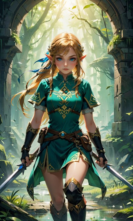 4n1v3rs3, zPDXL2, by Carlo Bocchio and Marc Simonetti, (high speed, Avant-garde but extremely beautiful:1.4), (intricate details, masterpiece, best quality:1.4), Legend of Zelda style art, Vibrant, fantasy, detailed, epic, heroic, reminiscent of The Legend of Zelda series, looking at viewer, dynamic pose <lora:add-detail-xl:1> <lora:xl_more_art-full_v1:0.5> in the style of nicola samori, <lora:add-detail-xl:2>