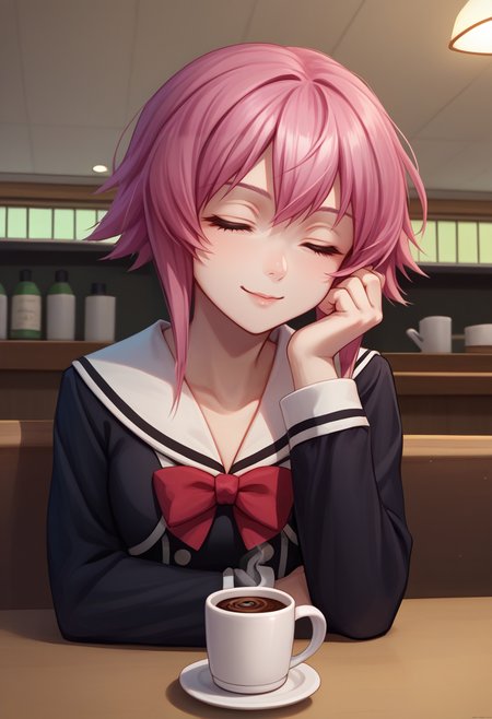 score_9, score_8_up, score_7_up, source_anime, 1girl, OnoeSerDef, short hair, pink hair, short hair with long locks, school uniform, black dress, white sailor collar, long sleeves, red bow, <lora:OnoeSerika_XLPD:1>, upper body, pov across table, table, cafe, coffee, mug, cake, elbow rest, seductive smile, closed eyes,