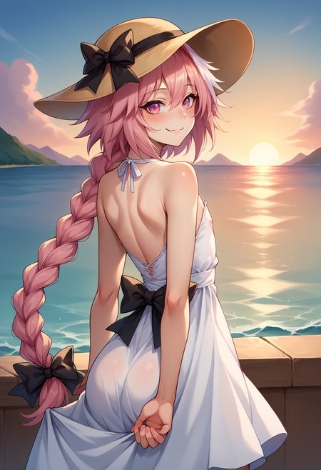 score_9,score_8_up,score_7_up,score_6_up, rating_explicit, source_anime, 1boy, solo,  otoko no ko, <lora:EPAstolfoPony-05:1> EPfaAstolfo, pink hair, pink eyes, ribbon, hair ribbon, braid, hair between eyes, hair intakes, white hair, hair bow, single braid, long hair, long braid, streaked hair, skin fang, bow, black bow, smile, from behind, white dress, looking back, crossdressing, blush, arms behind back,  bare shoulders, male focus, looking at viewer, hat, back, dress, sundress, outdoors, sun hat, sky, sunset, ocean, reflective water,