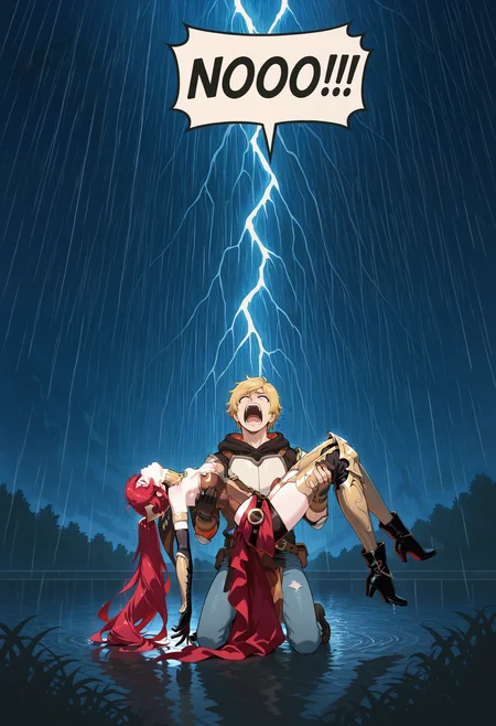 IllusP0s, f3rn4nd0, speech bubble, NOOO!!!, screaming, kneeling, jaune arc, blonde hair,  white shirt, head back, black tie, 1boy, 1girl, contrast lighting, outdoors, thunderstorm, raining,
<lora:Dramatic-NOOO-ILL_Schmede_v1:1>
unconscious, unconscious carry, passed out, fainted, unconscious arm carry, princess carry, bridal carry, unconscious princess carry,
pyrrha nikos,  head back, 
<lora:Unconscious-Arm-Carry-SDXL_Bruh7554_v1:1.5>