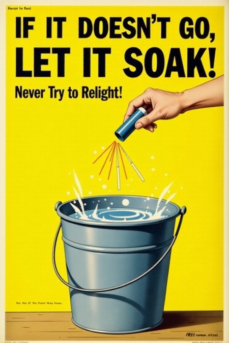 A vintage poster with a simple, direct message. It shows a hand dropping a malfunctioning firework into a bucket filled with water. Bold, black text on a bright yellow background emphatically states: "IF IT DOESN'T GO, LET IT SOAK! Never Try to Relight." Focus on the definitive action for dealing with duds.  <lora:REMEs_War_Poster_Style:0.95> In REME's War Poster Style,âââ