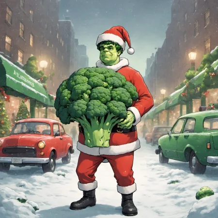 <lora:xmas-broccoli-man:0.8>xmasbroccoliman,city
