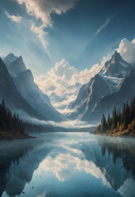 A serene landscape of a sparkling lake, gentle clouds drifting in a bright blue sky, majestic mountain peaks emerging from the mist, vibrant colors, reflective water surface, tranquil atmosphere, high detail. highly detailed and hyper realistic photo, by Alena Aenami , by Archibald Thorburn , by Daniele Afferni , in the style of  monochromatic silhouette reflection,  limited dark palette, unusual dark colors, faded colors, atmospheric haze, highly dramatic cinematic lighting, motion blur, film grain,  professional, excellent composition, finest details, maximized details, ultimate detail level, masterpiece, best quality