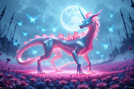 score_9, score_8_up, score_7_up (best quality, masterpiece, beautiful and aesthetic:1.2) glowing glass unicorn sits in a field of glowing blue-red frozen flowers, ominous darkness, moon, a lot of fog, haze, a lot of blue-red fireflies, silver scales shimmering in the moonlight , glowing eyes, white glowing mane <lora:CTDRM:0.7> ctdrm, dreamy, soft lighting, fantasy style, surreal lighting, sinister, mystical, archaic, very colorful, high resolution, many details, The image is a hyper-realistic CGI rendering of a hauntingly realistic