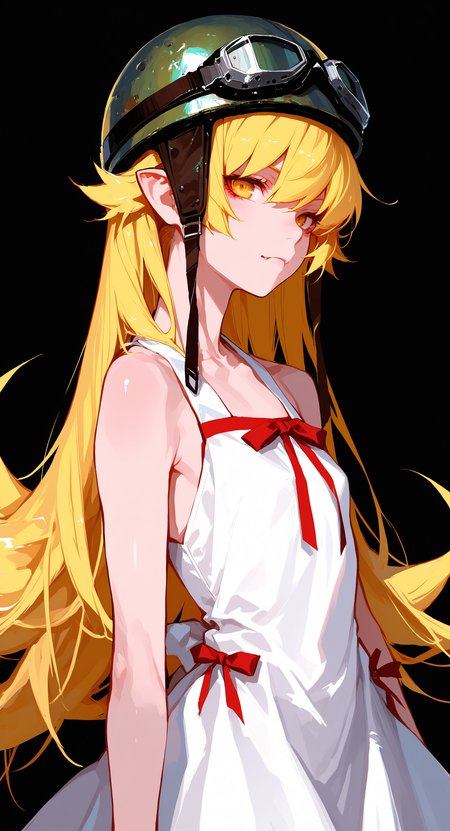 masterpiece, best quality, good quality, very awa, very aesthetic, absurdres, newest,  oshino shinobu, monogatari 1girl, bare shoulders, black background, blonde hair, dress, goggles, helmet, long hair, looking at viewer, pointy ears, simple background, solo, strap, vampire, very long hair, white dress, yellow eyes, <lora:spo_sdxl_10ep_4k-data_lora_webui:0.8> <lora:ponyv6_noobV1_2_adamW-000017:0.7> <lora:USNR_STYLE_XL_lokr:0.45> <lora:748cmSDXL:0.6>