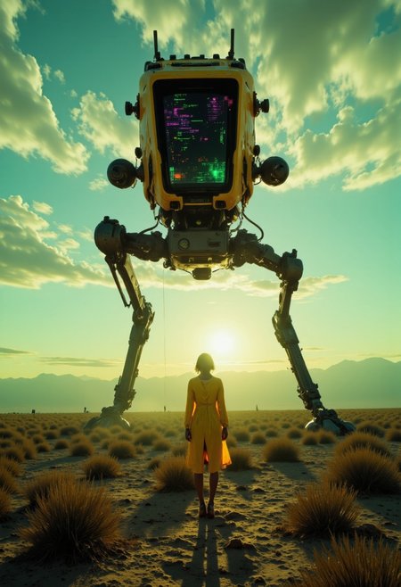 artilands02, ethdysty, A cinematic wide shot captures a vast desert landscape at sunset. Colossal beehive towers extend into space, their surfaces flickering with matrix-like code cascades and cyberpunk glitch effects. A large Yellow StarWars at-st walker Stands in the foreground, filling half the frame. Closeup infront the scenery. Reality tears apart around them in shards of neon purple and acid green, creating digital artifacts and corruption zones. The atmospheric barrier where they pierce the sky fragments into crystalline digital shards. The desert ground beneath shows scanline distortions and polygon breaks, while quantum visual noise fills the air. The structures themselves phase between physical and digital states, their patterns decomposing into raw data. neon-mist
