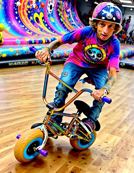 Ankama vivid animation style tony hawk a riding a mini bmx, in a spacestation, explosion of mushroom spores, fractale dna, glitter, bubblegum acid,,,. Vibrant colors, expansive storyworlds, stylized characters, flowing motion
