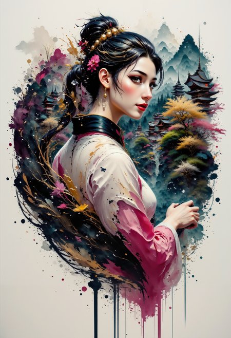 aidmainkstyle, abstract oil painting, gradient vibrant pastel colors, rough, textural, broad brush strokes.
Close-up portrait, side view, of a young japanese woman with long flowing black hair and a high ponytail with hair ornaments
The scene is set in formal japanese temple garden.