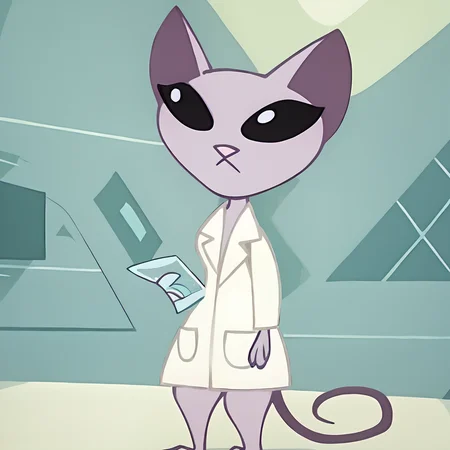 score_9, score_8_up, score_7_up, score_6_up, score_5_up, score_4_up, BREAK<lora:drkatserie:1.2> drkat, furry female, cat, furry, pink skin, black eyes, tail, laboratory,  lab coat,