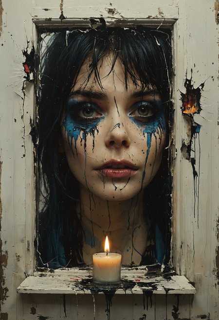 Distorted face staring from shattered window, candle light, <lora:Melting_world:0.8>, <lora:gorgoeus_splash_of_vibrant_paint:0.7> Gorgeous splash of vibrant paint