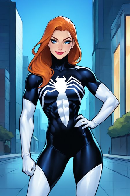 masterpiece, best quality, highres, extremely aesthetic, juliacarpenter, 1girl, solo, long hair, orange hair, blue eyes, closed mouth, lipstick, breasts, medium breasts, muscular female, black bodysuit, multicolored bodysuit, spider print, skin tight, white gloves, elbow gloves, thigh boots, looking at viewer, standing, cowboy shot, smile, outdoors, city, building <lora:Spider-Woman (Julia Carpenter) v1.0 [LoRA] - NoobAI-XL EPS 1.0:0.8>