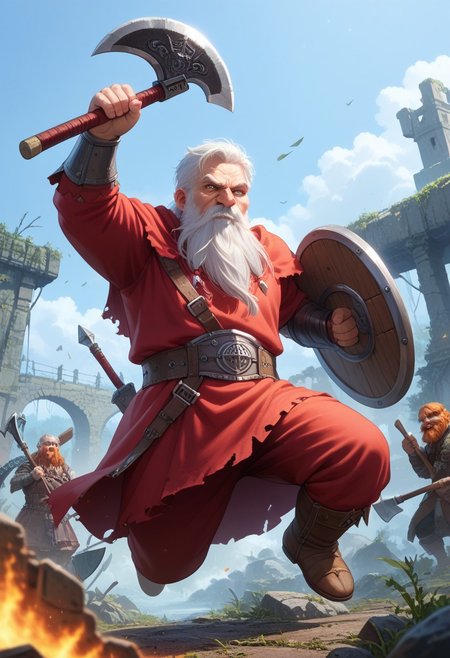score_9, score_8_up, score_7_up, 
old male, Dwarf, mature, realistic, axe and shield, short stature, white hair, beard, moustache, big nose, angry, holding axe, berserk, 
source_anime,  in the fog,  ruins, surrounded by fire , medieval,  fantasy,  
from below, Expressiveh, solo focus,(solo:1.3), jumping, raised arm, blurry background