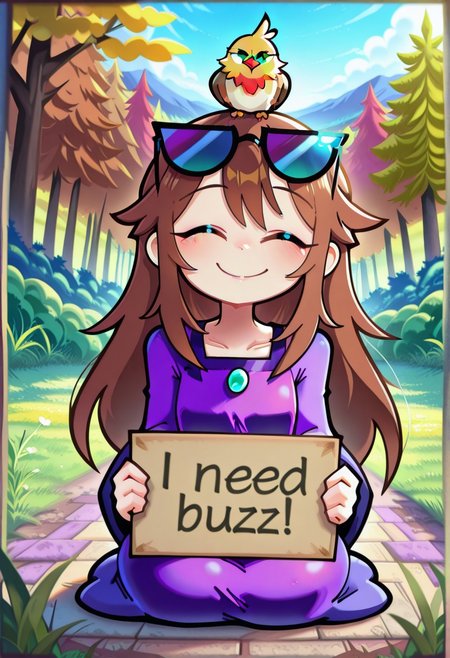 Funset, brown hair, sidelocks, half updo, long hair, purple dress, masterpiece, best quality, absurdres, cute, kawaii,
outdoors, nature,
 dog, green eyes,bird on head, bird on shoulder, happy smile, closed eyes, very happy,
intricate, highly detailed, majestic, sad, frown, sunglasses, looking at viewer, solo, sitting on ground, feral, need_buzz, holding sign,