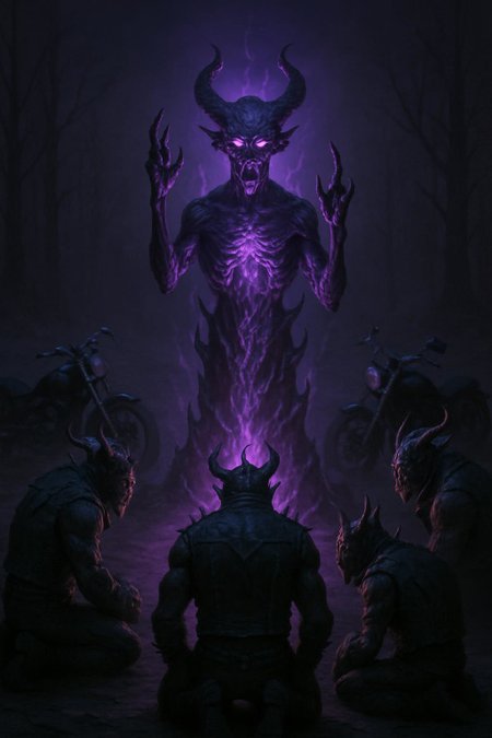 A twisted, demonic statue in the center of a desolate clearing, surrounded by the demon bikers. The statue glows with an eerie, violet light, casting strange, shifting shadows. The bikers kneel in reverence, their monstrous forms illuminated by the unnatural glow, creating a scene of dark worship and occult power, 
