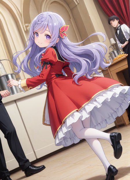 source_anime BREAK prefect lighting,very aesthetic,prefect hands,best quality,
intricate details,highly detailed background,(masterpiece:0.9),high quality,lustrous_skin,skindentation,(zPDXL3),
ultra delicate hair,
face_detail,
skin_detail,<lora:cfg_scale_boost>,
lustrous_skin,skindentation,
shiny skin,
<lora:seirei_gensouki_-_flora_beltrum_s1_il:0.7>,seirei_gensouki_-_flora_beltrum_s1,long_hair,purple_hair,hair_ornament,braid,purple_eyes,aged_down,flat_chest,
bow,ribbon,red_dress,long_sleeves,frills,juliet_sleeves,puffy_sleeves,white_pantyhose,black_footwear,
masterpiece,best quality,amazing quality,masterpiece,best quality,ultra-detailed,Best-A,Medium-B,Low-C,Bad-D,cute,in spring,light_blush,happy,looking at viewer,
dynamic_angle,indoor,
party,waiter,servant,dance,mixer,from_back,from behind,