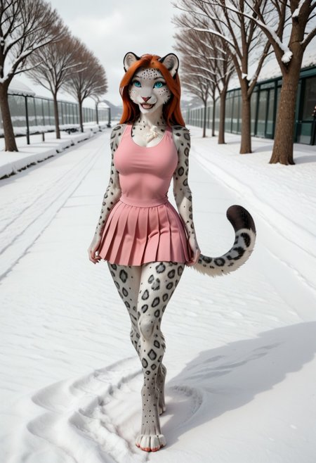 A 35mm photo of a petite beautiful 40 year old redhead, she is an anthropomorphic  snow leopard,  snow leopard nose,  snow leopard teeth,  snow leopard face, green snow leopard eyes, freckles,  snow leopard fur all over her body, walking in a park, she is surrounded by pretty wildflowers,  snow leopard tail, petite round hips, soft flat tummy, soft curvy petite thighs,  petite c-cup breasts, wearing a pink tennis dress, she is a  snow leopard,  snow leopard tail, small pawlike hands, digitigrade  snow leopard feet, no shoes, brown snow leopard fur, tennis dress