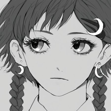 earrings, sideways, eyelashes, crescent earrings, twin braids, crescent, blood, hairclip, short hair