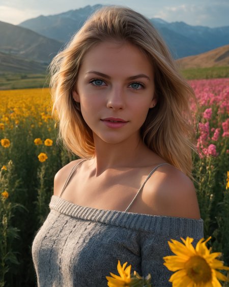 <lora:Ashlynn_Spektre_XL:1> ashlynn_spektre_xl, (32K resolution, masterpiece, ultra high quality, best quality, ultra high definition, perfect anatomy, Incredibly detailed, RAW, ultra super realistic, photorealistic, cinematic lighting, exquisitely detailed, extremely intricate, 8k UHD, high resolution), (1girl), wearing a one shoulder cropped sweater and skirt, perfect eyes, highly detailed beautiful expressive eyes, detailed eyes, standing in the middle of a flower field, facing camera. vast open view in the background, mountains, hills, sunset, dynamic vivid colors