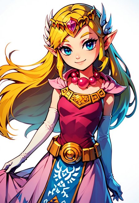 score_9, score_8_up, score_8, medium breasts, (curvy), cute, eyelashes,
BREAK,
zzToonZelda, smile, gloves, dress, jewelry, elbow gloves, belt, necklace, tiara, triforce, simple background, white background, bead necklace, gold necklace,
zPDXL, Expressiveh