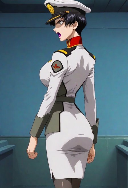 score_9, score_8_up, score_7_up, zPDXL3, Expressiveh, source: anime, anime screencap, anime coloring, natarle, 1girl, solo, blue sky, purple eyes,black hair,short hair, purple lips, perfect face, detailed face, perfect lips, ultra-detailed eyes, detailed hair, (perfect anatomy, perfect proportions), large breasts, ultra-narrow waist, ultra-fit figure, ultra-flared hips, ultra-round ass, butt crack, tight ass, shapely legs, peaked cap, military uniform, skirt, pantyhose, boot, indoors, detailed backgrounds, science fiction, naval warship interior, modern warship, narrow corridors, walking, angry, open mouth, angry posture, motion lines, furious eyes, looking forward, viewed from side