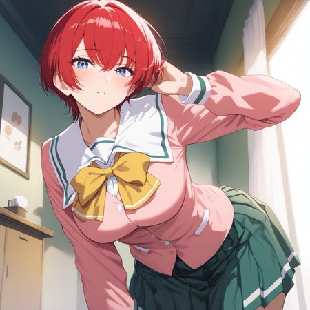 masterpiece,high score,great score,absurdres,solo,looking at viewer,school_uniform,pink long sleeves,yellow bow,green skirt,<lora:Asami_Replay ag4o v1:1> asami_replay, red hair, short hair, blue eyes,