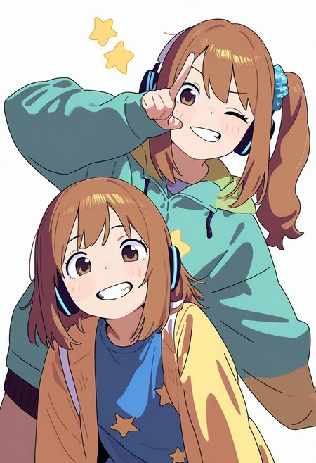 masterpiece, best quality, very aesthetic, high resolution, ultra-detailed, absurdres, newest, extremely detailed eyes, beautiful, perfect lighting, hi res, amazing quality, very awa, Brightly Lit, Highly Visible, 8k, sharp focus, beautiful, perfect lighting, volumetric lighting, scenery, painting_(artwork), PSTL_ST, long hair, looking at viewer, smile, open mouth, bangs, multiple girls, simple background, brown hair, shirt, hair ornament, long sleeves, white background, 2girls, brown eyes, jacket, upper body, one eye closed, star \(symbol\), grin, side ponytail, coat, v, siblings, headphones, scrunchie, blue shirt, pointing, sisters, hair scrunchie, twins, star print, print shirt