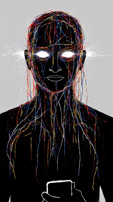 digital drawing in a surreal, abstract style. The central subject is a person's head and shoulders, depicted in a dark, almost black silhouette. The face is expressionless, with large, glowing white eyes that seem to be emitting light, suggesting a mystical or otherworldly presence. Long, thin, multicolored wires emerge from the eyes, extending down to form a chaotic, tangled web of lines that cover the person's head and neck. The wires are predominantly red, blue, yellow, and white, creating a vivid contrast against the dark background. The person is holding a smartphone in their right hand, which is partially visible at the bottom of the image. The background is a muted, light gray, which helps to emphasize the dark silhouette of the person and the bright, colorful wires. The overall composition is dynamic and visually striking, with a focus on the interplay between light and dark, technology and the human form, and the surreal, almost dreamlike quality of the image. The style is reminiscent of contemporary digital art, blending elements of fantasy and science fiction.,aidmaimageupgrader, aidmaMJ6.1 <lora:aidmaMJ6.1-FLUX-v0.5:0.7> <lora:aidmaImageUprader-FLUX-v0.3:0.4>
