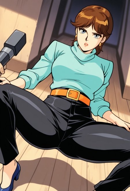 JaquelineMoyertMB, 1girl, solo, brown hair, medium hair, bangs, blue eyes, eyelashes, nose, pink lips, earrings, large breast, thick thighs, pale aqua turtleneck, orange belt, black pants, blue shoes, elbow sleeves,  handbag, news microphone,
,seductive pose, sexy pose, tease, 
masterpiece, best quality, ultra-detailed, very aesthetic, detailed background, very aesthetic, newest, scenery, highres, 4k, absurdres, 8k, colorful,vibrant, glowing, perfect face, 2d, perfect eyes, detailed eyes, 
 masterpiece, best quality, ultra-detailed, very aesthetic, newest, scenery, absurdres, perfect anatomy, , perfect face, perfect eyes, mature body, clear eyes, beautiful eyes, athletic, curvy body, athletic girl, perky tits, perfect tits, round breasts, pinup pose, teasing, lustful expression,
muscular female, dutch angle,
,detailed eyes,Smooth Negative, highres, absurdres,   uncensored,