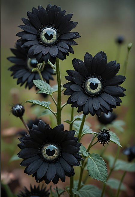 eerie, eyeballs  black flowers, <lora:add-detail-xl:1>
