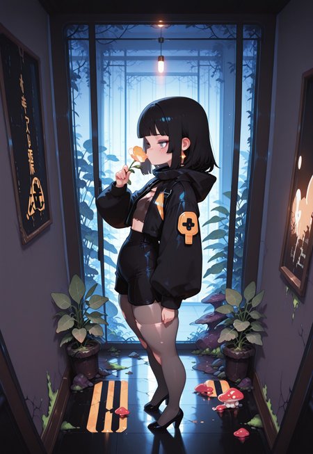 masterpiece, best quality,
((cinematic lighting)) ,
((full body shot)),
mid night, shadowy,

1girl,

(from above , from side, side shot),

medium hair , blunt bangs ,

ultra detailed eyes, (flat chest), [[[abs]]],

tsurime , subtle grey eye makeup ,
sister outfit,
( tight black shorts ),
pumps, torn translucent grey tights ,

skindentation, ((chubby thick legs)),

over sized hazard jacket ,
ray from window ,
dynamic perspective,

BREAK
smelling flower,

inside asian hotel , plushies , [[intricate pipes]] , interior plants ,many fungus ,pictures on wallbooks on floor, moss,
fl4t,
