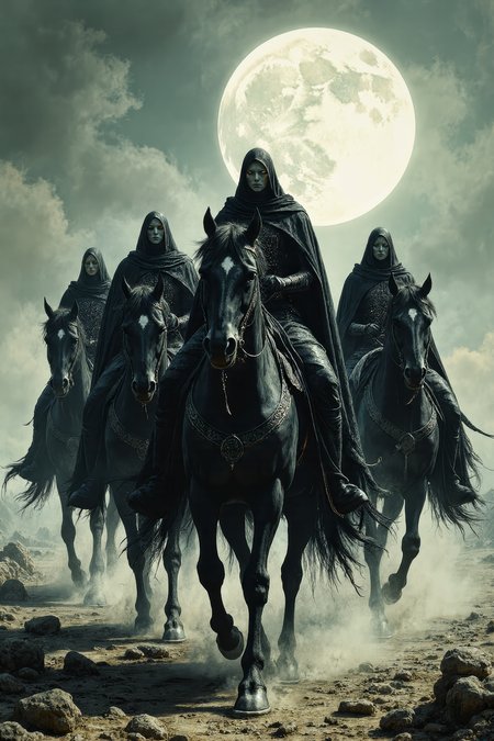 ORIGINAL PROMPT:
A fantasy depiction of the NazgÃ»l, mounted on their steeds. complex patterns.
PRODUCTION PROMPT:
Imaginative renderings of the four NazgÃ»l riders from J.R.R. Tolkien's The Lord of the Rings, astride their towering black stallions, adorned in intricate and foreboding silks that shimmer like dark, molten lava in the faint moonlight. Their armor, a deep, burnished black, seems to absorb the light around it, radiating an aura of malevolence and power. The riders' faces are deathly pale, their eyes gleaming with an otherworldly energy as they regard the land with an air of dark purpose.
The NazgÃ»l on horseback seem to embody the very essence of darkness and malice, their steeds reflecting their rider's twisted nature in every muscle and movement. The stallions are massive and imposing, with long manes that flow like night itself as they move beneath the pale moonlight. Their hooves strike the ground with a rhythmic, mournful beat, echoing through the desolate landscape.
As the riders gallop across the barren, rocky terrain, their robes seem to billow behind them like dark wings, stirring up small whirlwinds of dust and debris. The air is heavy with an unnatural silence, as if the very land itself is cowed by the presence of these formidable foes. <lora:Artistic realism V2:0.40> <lora:flux_realism_lora:0.20> <lora:Mezzotint_Artstyle_for_Flux_-_by_Ethanar:0.40>