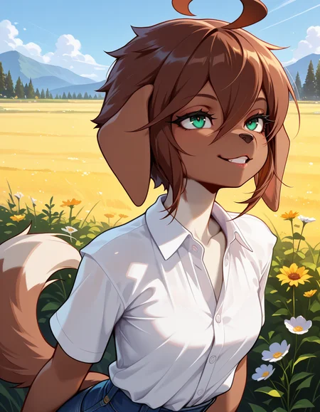 masterpiece, best quality, very aesthetic, absurdres,
outdoors, 
headshot,
button-down shirt,
seductive smile, parted lips, long eyelashes,
<lora:Kess_v01_NAIXL:1>
Kess,1girl,solo,furry,furry female,dog girl,brown hair,short hair,hair between eyes,dog ears,green eyes,snout,animal nose,body fur,brown fur,dog tail,