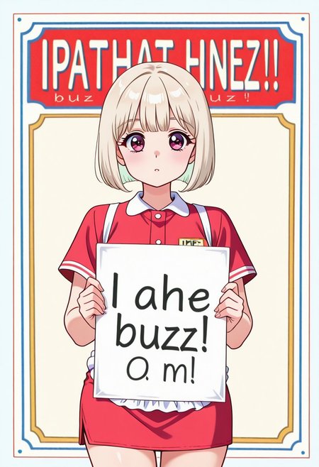 plain empty background, Platinum Blonde Hair, 18 Years of Age Woman, (Bowlcut, Bobcut, straight fringe), (lithe), ((female)), (American Diner Waitress), looking at viewer, standing upneed_buzz, holding sign ('Tip me some Buzz!'), Advertising Style, retro50adxl, retro advertisement, poster,
