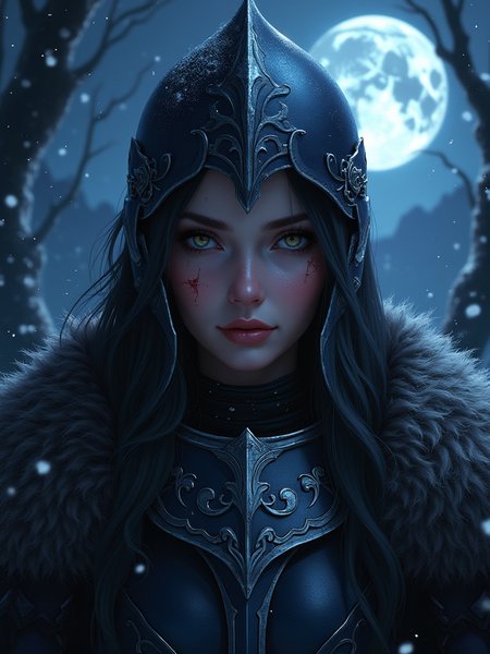Poster Design Concept: "World of Warcraft: Nightfall Knight"
Overall Style:

Dark Elegance: The poster will combine beauty with a dark fantasy aesthetic, set in a mysterious, shadowy night scene.
Key Elements:

Front-Facing Portrait: The female knight will be centered in the composition, facing the viewer with a captivating gaze.
Exquisite Facial Features: Emphasize her striking beauty, with soft lighting highlighting her features against the dark backdrop. Use shadows to add depth and intrigue.
Battle Scars: Subtly incorporate scars on her face, making them part of her beauty story, enhancing her character and strength.
Damaged Helmet: Position the broken helmet at a slight angle, allowing her hair to cascade around her shoulders, adding a sense of movement and softness.
Intricate Armor: Showcase her armor with ornate designs, glimmering faintly in the dim light, suggesting a history of battles fought.
Background Design:

Mysterious Night Scene: Create a dark, enchanting environment with a moonlit sky, casting a soft glow. Shadows of twisted trees or distant mountains can frame her figure, adding to the mystique.
Falling Snow: Incorporate gentle snowflakes drifting through the air, illuminated by the moonlight, enhancing the ethereal quality of the scene.
Color Palette:

Deep Blues and Purples: Use a palette of deep blues, purples, and blacks, with silvery highlights to create a moody, enchanting atmosphere. Hints of red can be used to accentuate her scars and armor details.
Overall Effect:
This poster will beautifully blend dark fantasy elements with a sense of elegance and resilience. The focus on the female knight’s captivating beauty and the enchanting night scene will create a striking visual that draws viewers into her dark, yet beautiful world, evoking themes of strength, mystery, and survival in the "World of Warcraft" universe.