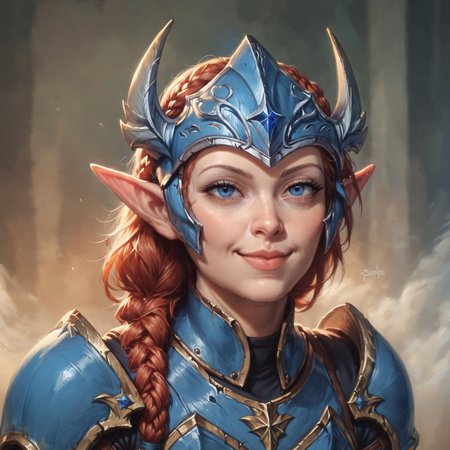 (((beautiful, high quality))), upper Body, score_9, score_8_up, score_7_up, Elf, pointed ears, small ears, auburn hair, hair braid, wide hips, curvy, 1girl, blue eyes, looking at the viewer, dynamic pose, blurred background, in the style of jeff-easley, oil painting, realistic, smile, (blue armor:1.2), massive armor, narrowed eyes, helmet, youthful face, lips closed, 