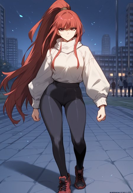 safe_pos, zPDXL3, score_9_up, score_8_up, score_7_up, (Anime_source), Sport camp background, score_9, score_8_up, score_7_up, score_6_up, source_anime, 1girl, solo, <lora:ainanasaki-pdxl-nvwls-v1-000005:1> 1girl, Feng Ling, red eyes, black hair, long hair, medium breast, looking at viewer, cowboy shot, toned, looking at you, portrait, white shirt, prostetic left arm, tights red sport shorts, sneakers, looking at viewer, outdoor, solo, full body, standing, dynamic pose, 