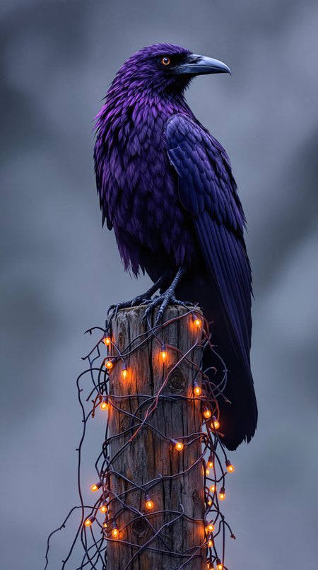 Create a hyper-stylistic image of a majestic purple raven perched atop a wooden post, wrapped in a garland of orange Halloween lights that seem to cast a warm, eerie glow. The raven's plumage is a rich, deep purple, with subtle shading and texture that gives it a lifelike quality. The wooden post is weathered and worn, with intricate details and textures that suggest age and decay. The fog that blankets the scene is thick and impenetrable, with tendrils that seem to curl and twist around the post like living vines. The overall effect is a haunting, atmospheric image that combines the mystery of the raven with the magic of the Halloween season. highest-Quality, intricate details, visually stunning, Masterpiece
