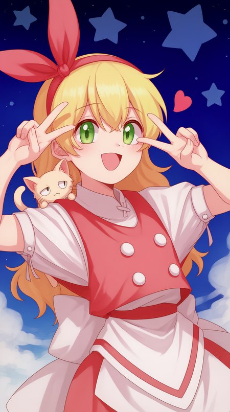 score_9, score_8_up, score_7_up, best background, detailed background, 4k, upscale, anime_source,  Ellen, Main Outfit, solo, smile, open mouth, heart, :d, sky, star \(symbol\), v, buttons, animal, cat, star \(sky\), starry sky, double v, white cat  <lora:JN_Ellen_Pony:0.8>